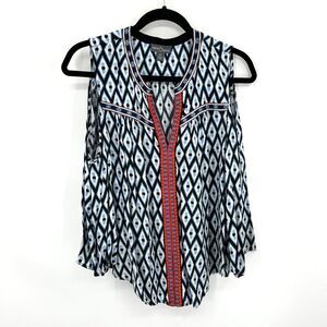 MARKET & SPRUCE Blue Red Diamond Embroidered Cold Shoulder Boho Blouse Medium